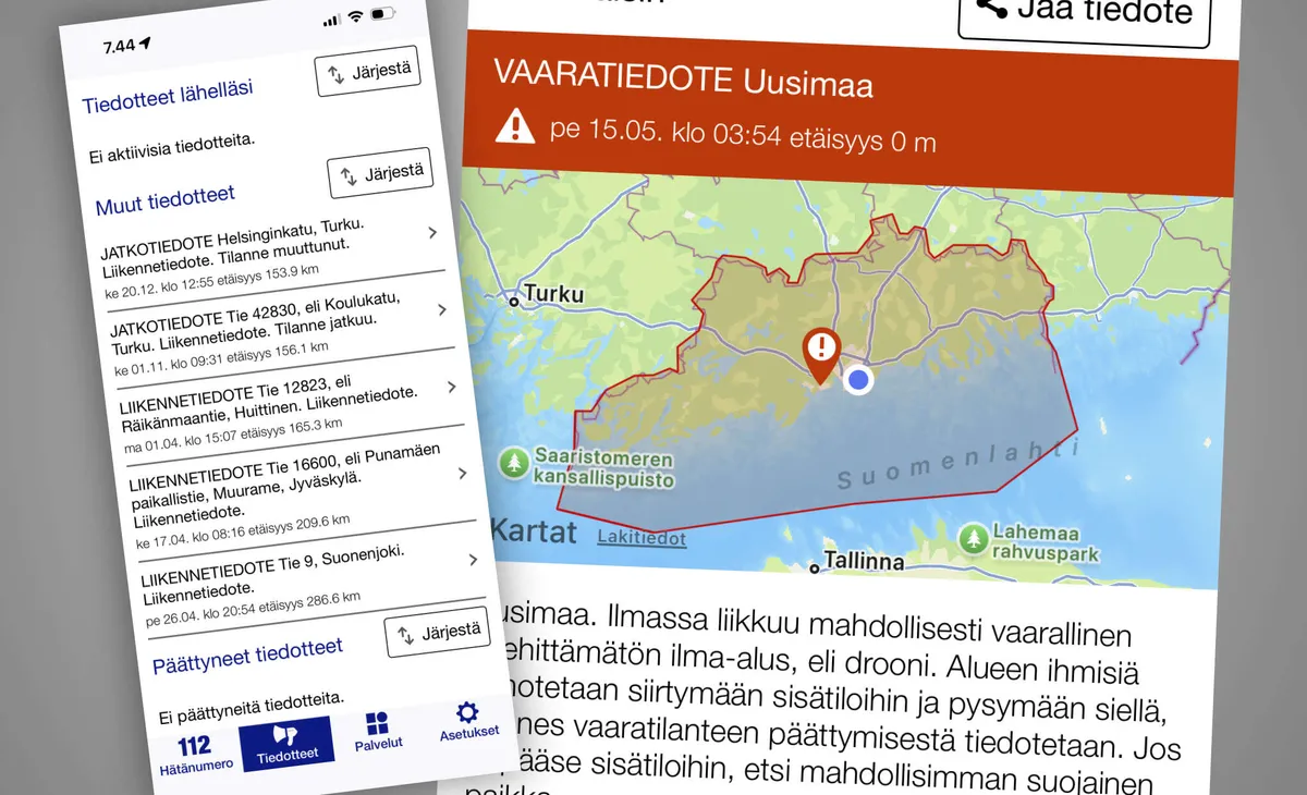 112 Suomi -sovellus petti – Ilmoitus drooneista tuli pahasti myöhässä