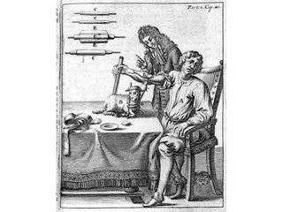 1700-luvun puupiirros kuvaa verensiirtoa lampaasta ihmiseen.