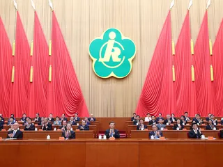 Kuvassa Kiinan kommunistisen puolueen johtoa kokoontuneena 18. syyskuuta 2023.