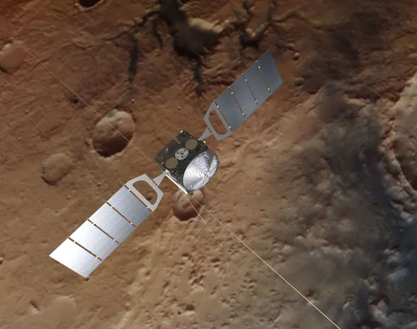 Luotaimen tausta on todellisesta kuvasta, jonka Mars Express on napannut.