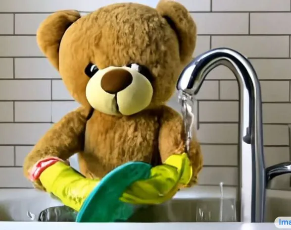 Viiden sekunnin pituinen video teddykarhusta pesemässä astioita on luotu loitsulla ”A teddy bear washing the dishes”.