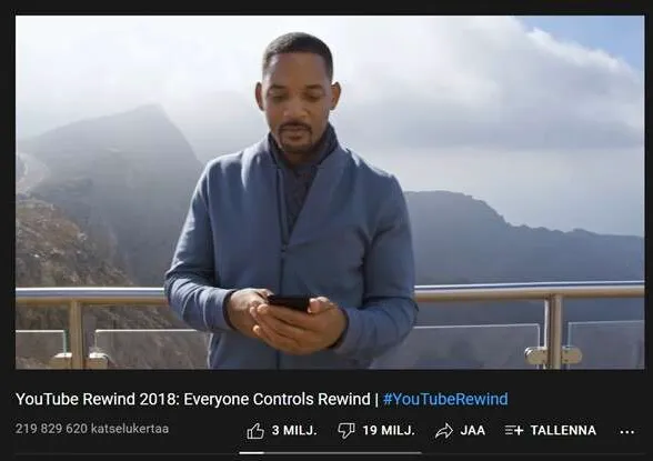 Will Smithin tähdittämä YouTube Rewind 2018 keräsi paljon enemmän alapeukkuja kuin tykkäyksiä.
