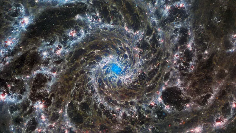 Messier 74 osoittaa suoraan kohti meitä, joten sen ”lonkerot” näkyvät hyvin James Webbin ottamassa kuvassa.