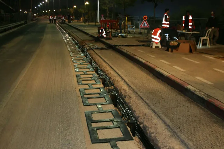 Kuvassa asennetaan langattoman lataamisen järjestelmää asfaltin alle Tel Avivissa. Destian kumppani pilottihankkeessa on israelilaisyhtiö Electreon.