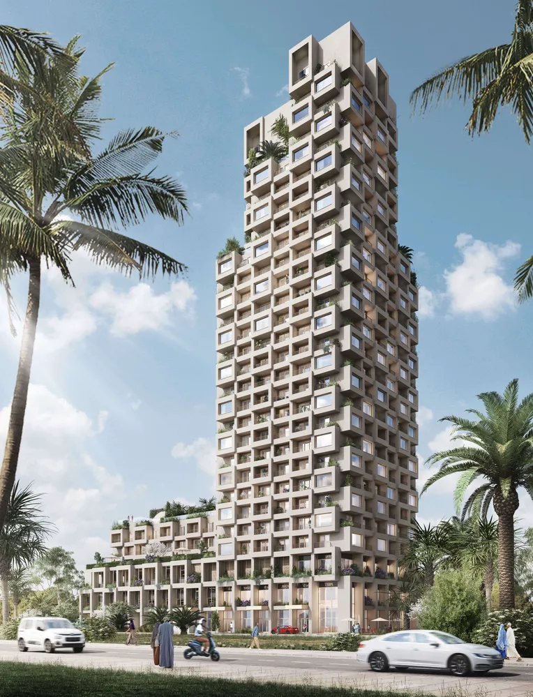 Burj Zanzibarin julkisivussa näkyy talon modulaarinen rakenne. Havainnekuva.