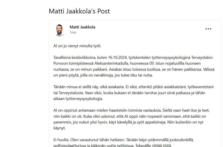 Kuvakaappaus Jaakkolan Linkedin-kirjoituksesta.