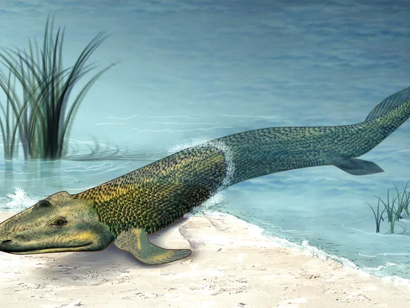 Taiteilijan näkemys lähes 400 miljoonaa vuotta sitten eläneestä maalle nousseesta kalasta, joka ei kuitenkaan ollut maailman ensimmäinen maaselkärankainen.
