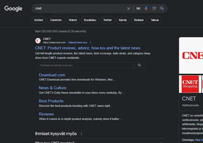 Cnet halusi parantaa sijoitustaan Googlen hakukoneessa. Kuvakaappaus.