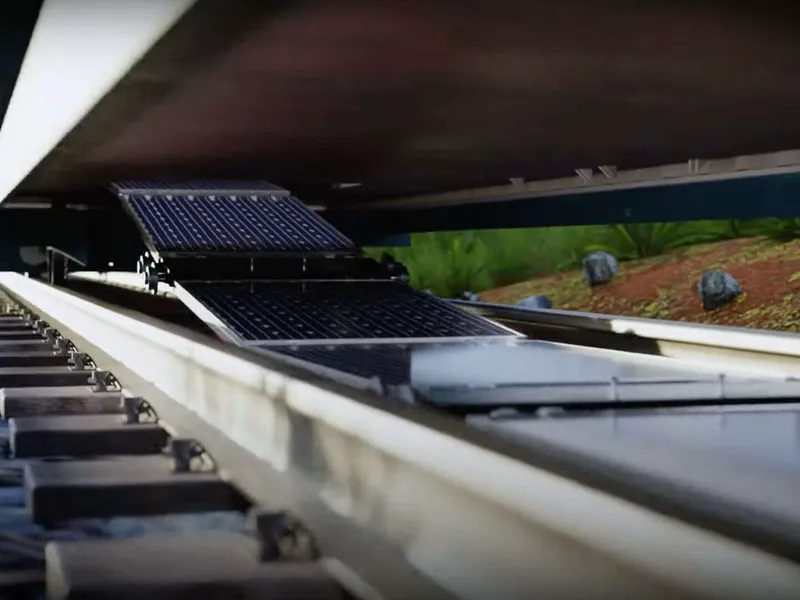 Junaraiteiden väliin asennettavat aurinkopaneelit ovat katseilta piilossa, eikä asennusta varten tarvitse uhrata luontoalueita.