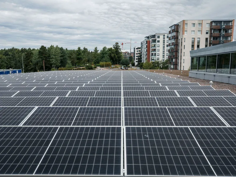 Kuvan aurinkopaneelit on asennettu Matinkylän uimahallin katolle.