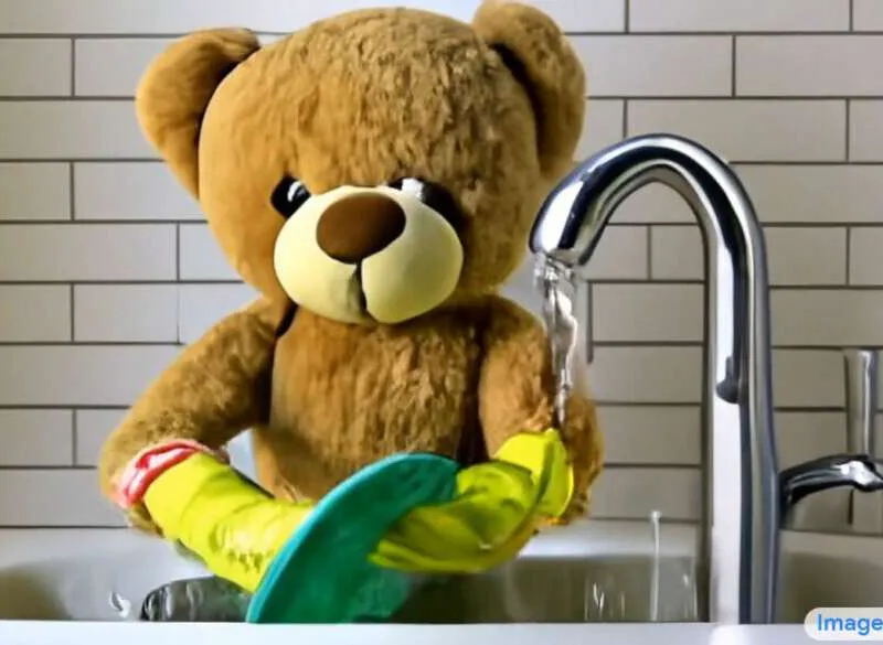 Viiden sekunnin pituinen video teddykarhusta pesemässä astioita on luotu loitsulla ”A teddy bear washing the dishes”.