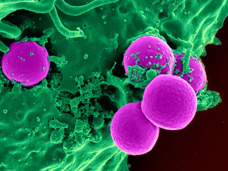 Tässä väärävärisessä elektronimikroskooppikuvassa mrsa-superbakteerit (violetilla) ovat joutumassa ihmisen valkosolun (vihreällä) syömiksi.