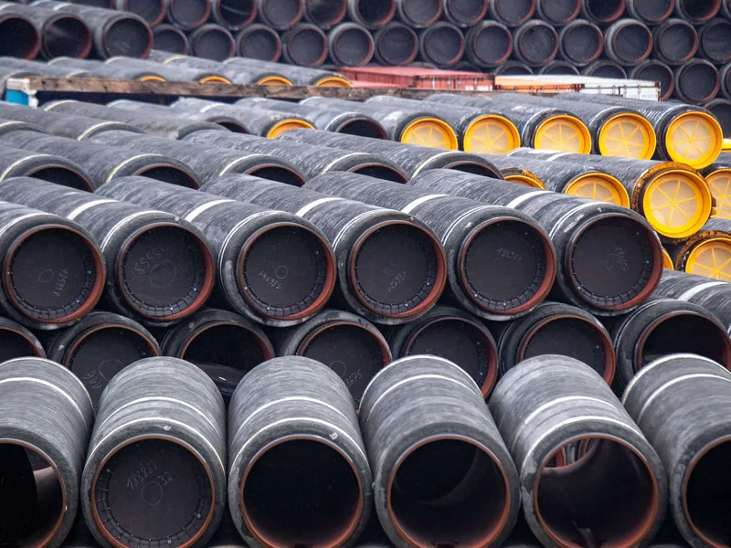 Nord Stream 2 -kaasuputken käyttämättömiä putkia varastoidaan Saksassa Mukranin satamassa.
