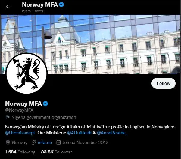 Norjan ulkoministeriön Twitter-tiliin on merkitty ilmoitus, jossa sen kerrotaan kuuluvan Nigerian hallinnolliselle organisaatiolle.