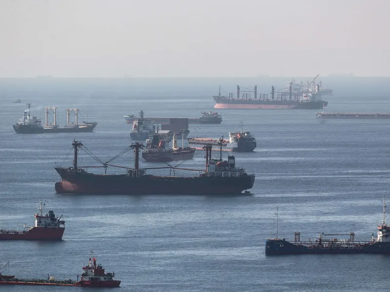 Ukrainan viljakuljetuksiin osallistuvia aluksia ankkurissa Marmaranmerellä Istanbulin edustalla.