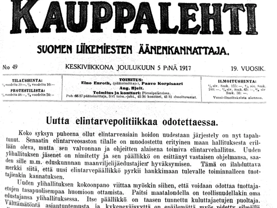 Suomi itsenäistyi - Kauppalehden uutiskynnys ei ylittynyt | Kauppalehti