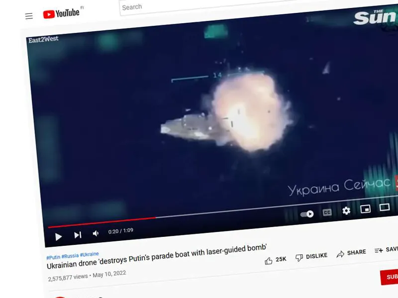 Lennokkikuvaa siitä, kun laserohjattu pommi räjähtää venäläisen partioveneen perään.