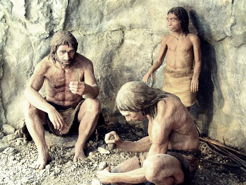 Taiteilijan näkemys neandertalinihmisten perheestä.