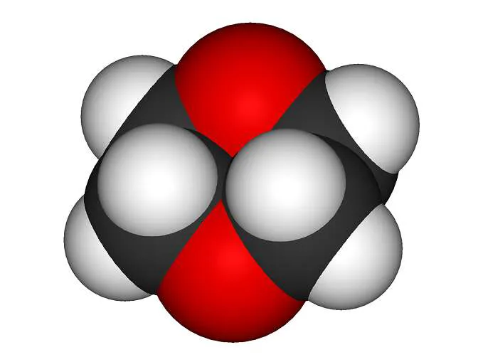 Dioksaani ei ole akuutisti myrkyllistä, mutta aiheuttaa todennäköisesti syöpää. Kuvassa molekyylimalli.