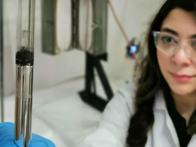 Tutkimusryhmän johtaja Karma Zuraiqi pitelee käsissään nestemäistä metalliseosta sisältävää putkea.
