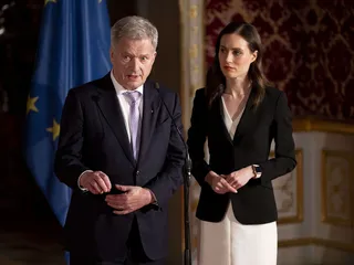 Kuvassa tasavallan presidentti Niinistö ja pääministeri Marin kuvattuina Münchenin turvallisuuskonferenssin yhteydessä aiemmin tänä vuonna.