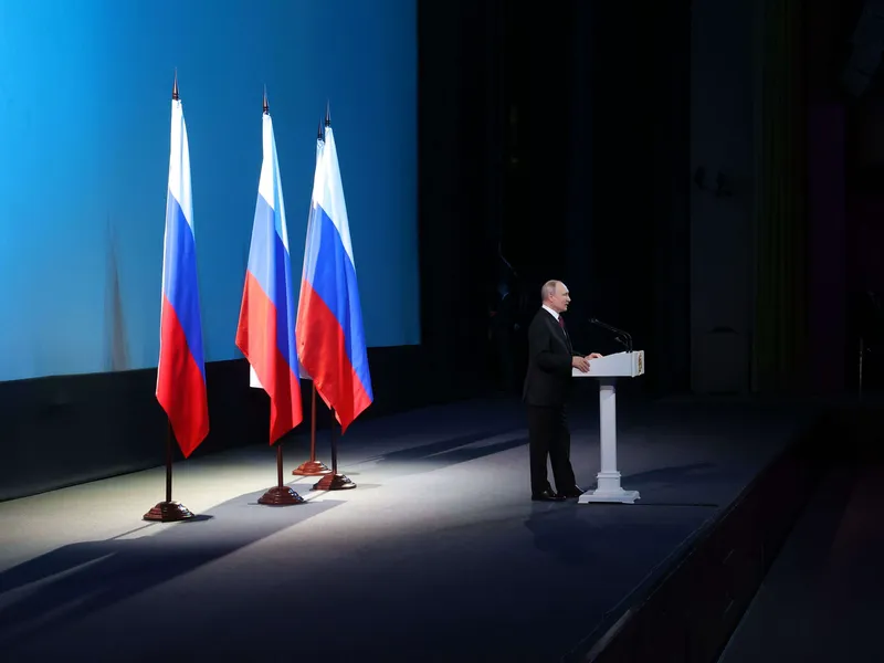 Presidentti Vladimir Putin piti Kremlissä puheen kosmonauttien juhlapäivänä 12. huhtikuuta 2023.