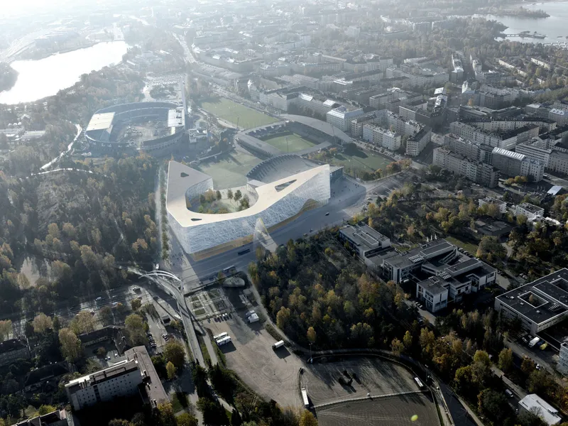 Havainnekuva Helsingin jäähallin ympärille rakentuvasta hankkeesta pohjoisesta katsottuna.