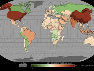 Tämä kartta näyttää OCO-2-satelliitin mittauksen perusteella kerättyä dataa eri maiden CO2-nettopäästöistä ja -nieluista vuosilta 2015–2020. Suklaanruskea tarkoittaa suuria nettopäästöjä, beessi vähäisiä päästöjä ja vihreän sävyt ovat nielun puolella.