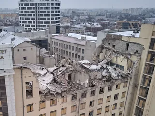 Tuhottu yliopiston rakennus Harkovan kaupungissa itäisessä Ukrainassa, jota Venäjä tulitti ohjuksilla 5. helmikuuta.