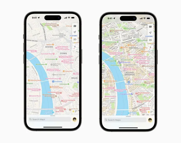 Apple Mapsin uusi karttadata (oikealla) on yksityiskohtaisempaa kuin vanha (vasemmalla). Kuvassa Baselin kaupunki Sveitsissä.