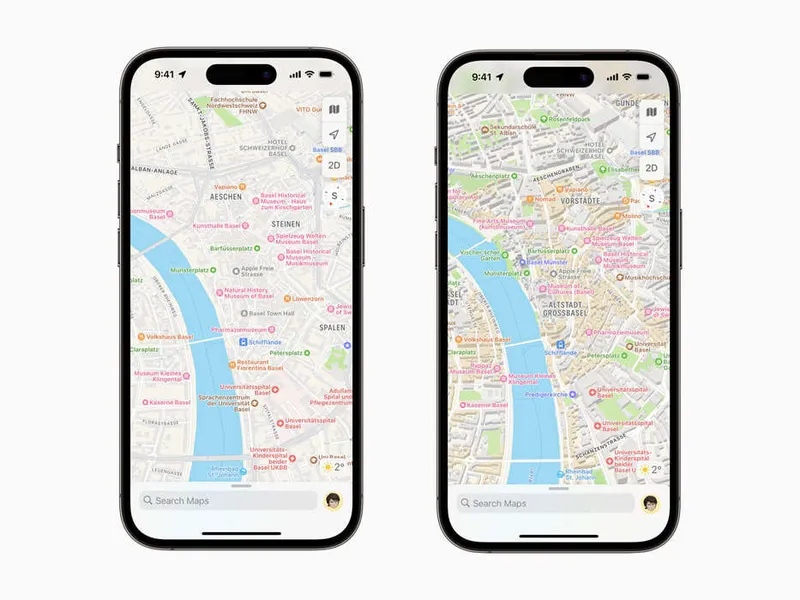 Apple Mapsin uusi karttadata (oikealla) on yksityiskohtaisempaa kuin vanha (vasemmalla). Kuvassa Baselin kaupunki Sveitsissä.
