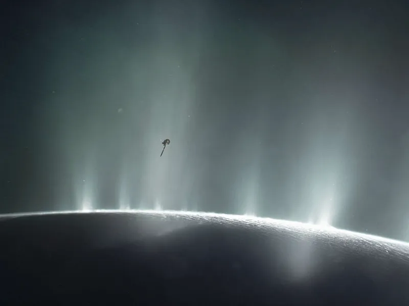 Cassini-avaruusalus lentää Encleadus kuun geysireissä, kyseessä on tietokoneella tehty havainnekuva.