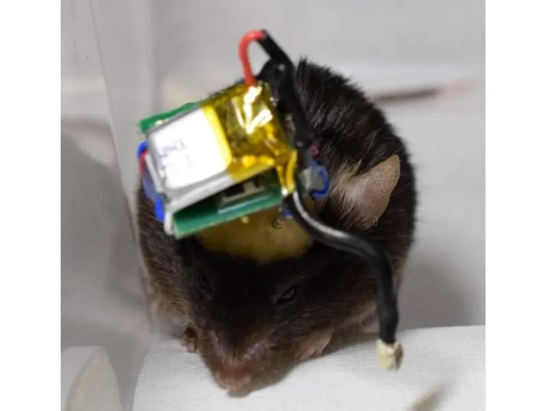 Tällaisella laitteella japanilaisinsinöörit lukivat hiiren aivojen tapahtumia ja lähettivät signaalin langattomasti eteenpäin. Kuvan hiiri liittyy tapaukseen.