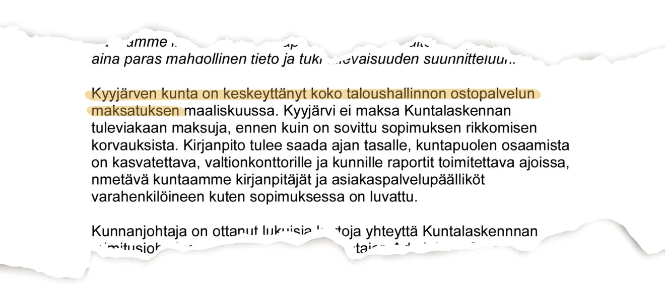 Kuntalaskennan asiakkaat ovat kritisoineet yhtiön toimintaa avoimesti. Ote Kyyjärven kunnanhallituksen asiakirjoista toukokuulta 2024.