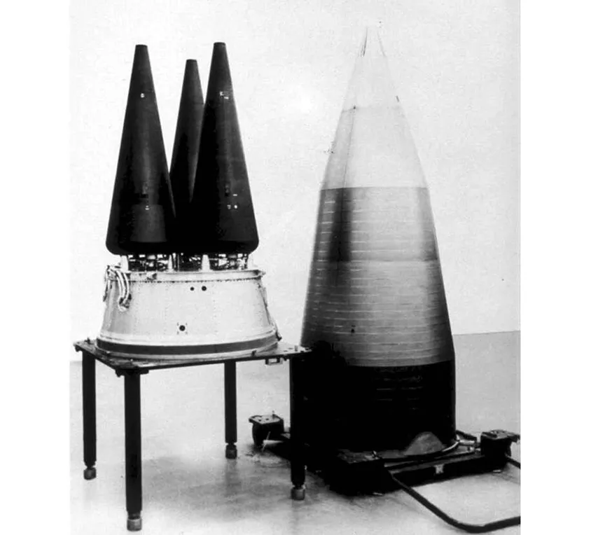 The Minuteman III missile was originally multi-tipped, but now has a single tip. This is the bow of a Minuteman III equipped with three W78 bombs.